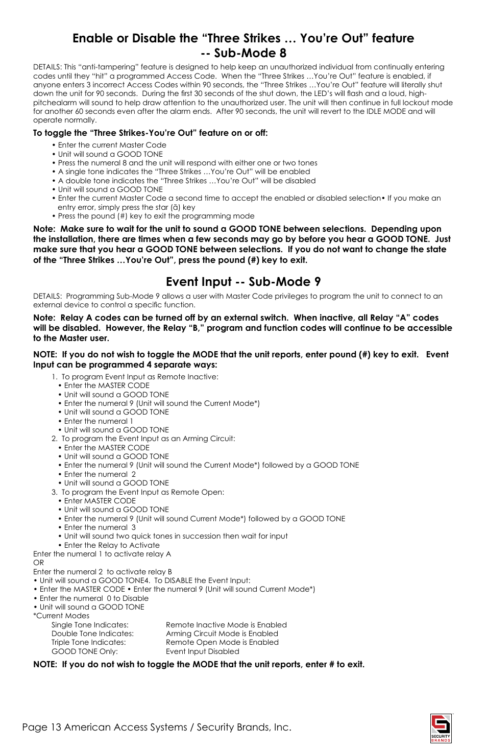 Event input -- sub-mode 9 | Controlled Products Systems Group ADV-1000 User Manual | Page 13 / 20