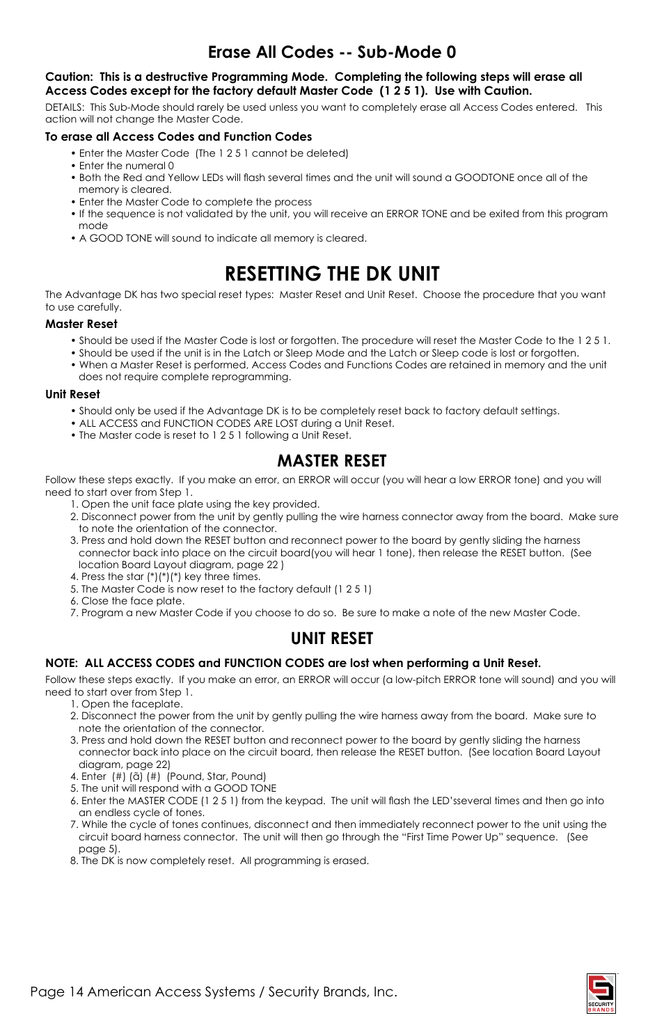 Resetting the dk unit, Erase all codes -- sub-mode 0, Master reset | Unit reset | Controlled Products Systems Group ADV-1000 User Manual | Page 14 / 20