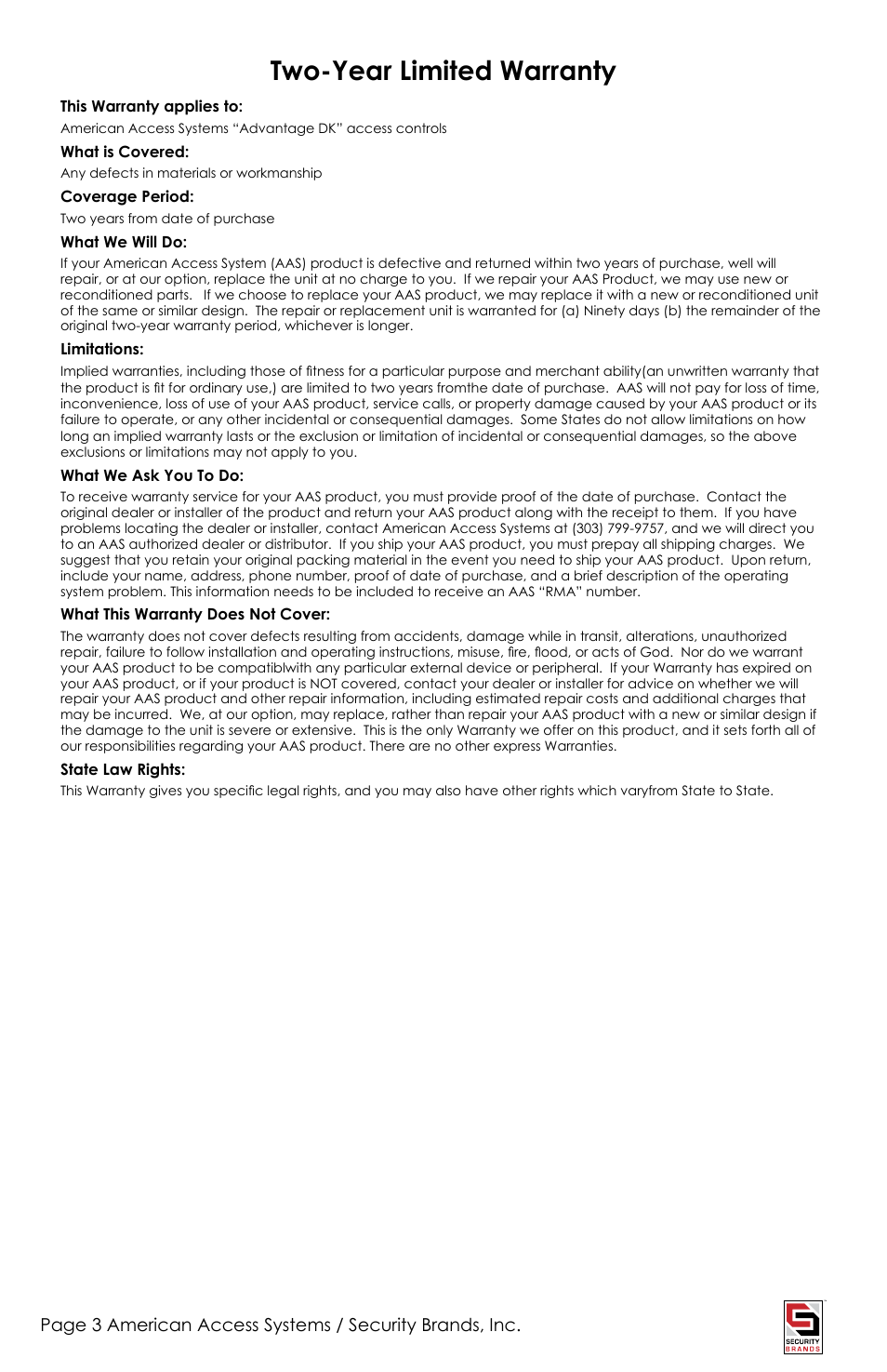 Two-year limited warranty | Controlled Products Systems Group ADV-1000 User Manual | Page 3 / 20