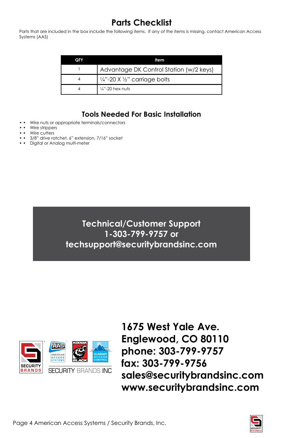 Parts checklist | Controlled Products Systems Group ADV-1000 User Manual | Page 4 / 20