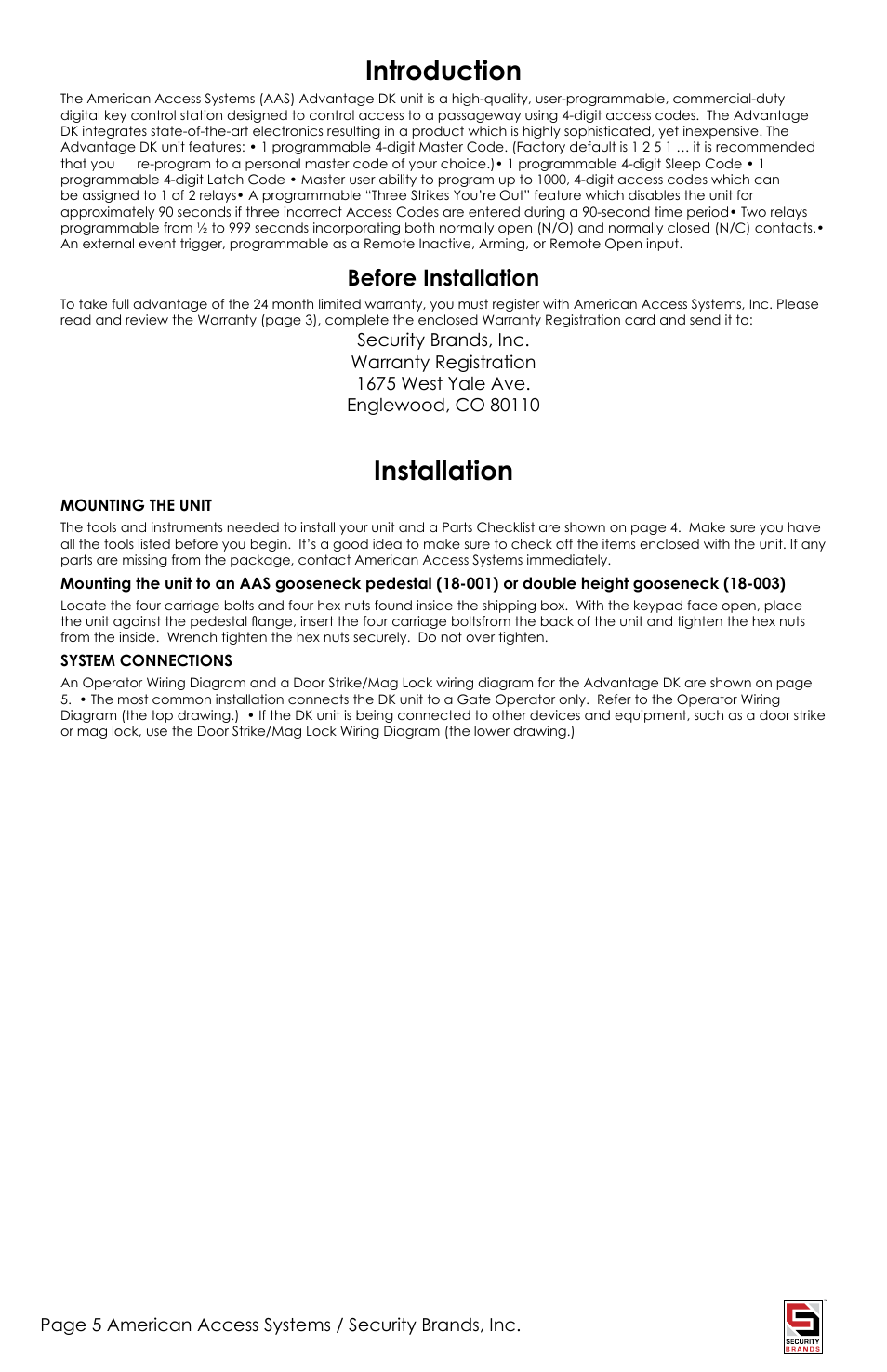 Introduction, Installation, Before installation | Controlled Products Systems Group ADV-1000 User Manual | Page 5 / 20