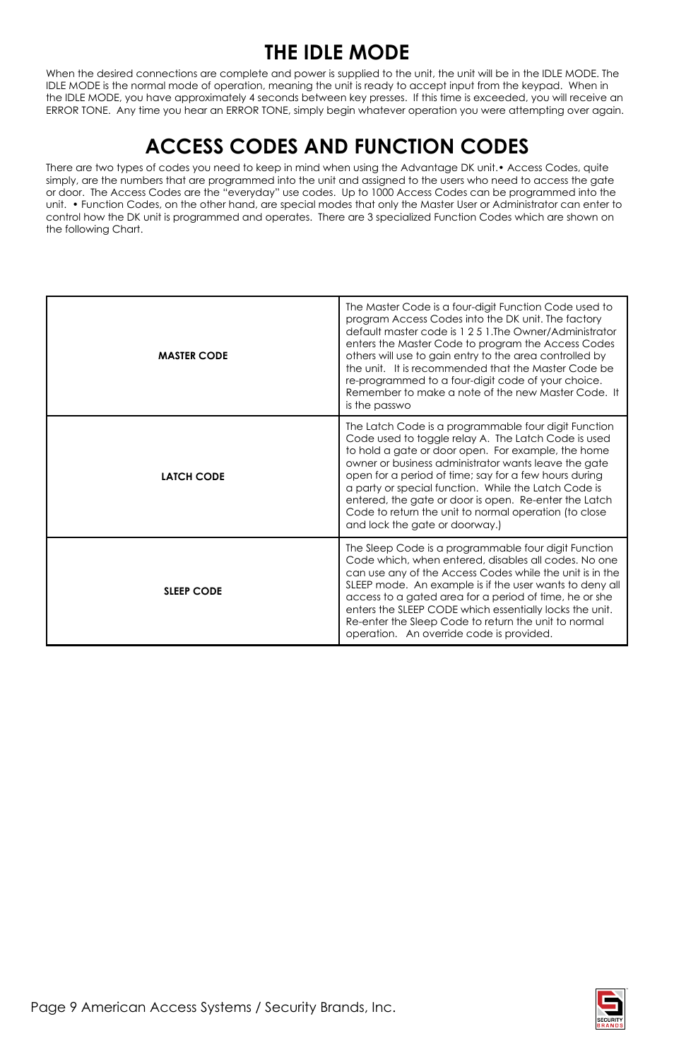 The idle mode, Access codes and function codes | Controlled Products Systems Group ADV-1000 User Manual | Page 9 / 20