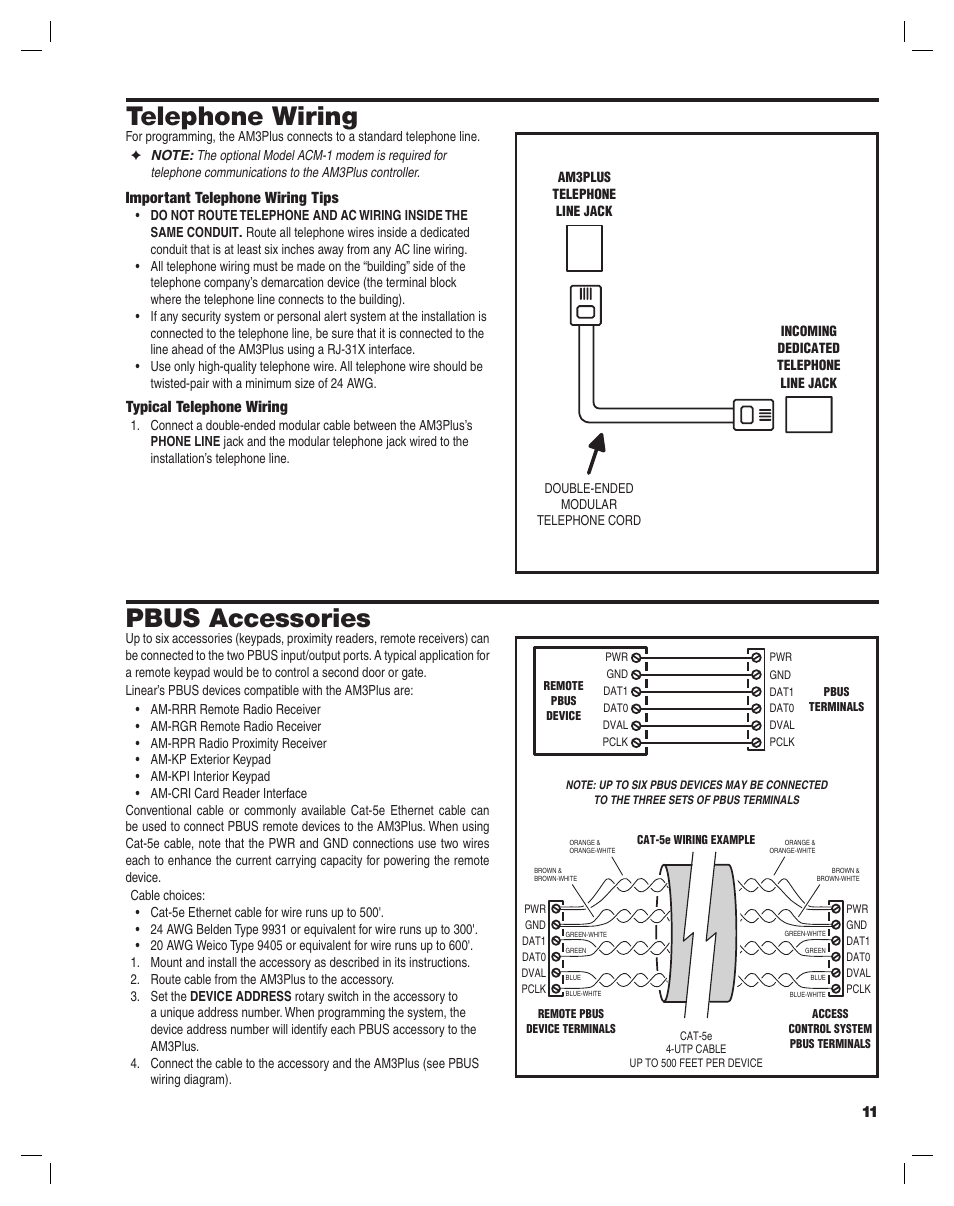 Telephone wiring, Pbus accessories, Important telephone wiring tips | Typical telephone wiring | Controlled Products Systems Group AM3PLUS User Manual | Page 11 / 20