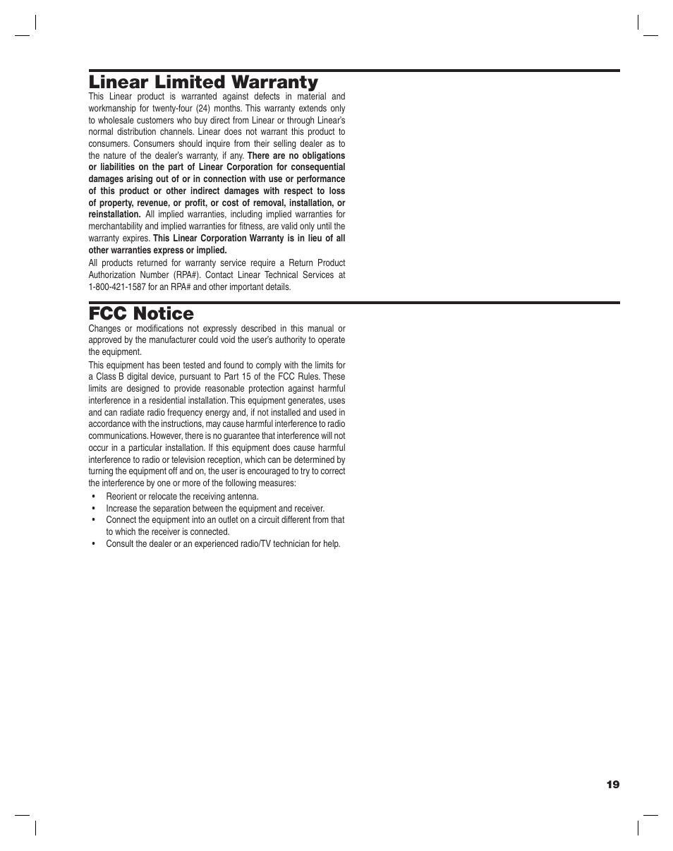 Linear limited warranty, Fcc notice | Controlled Products Systems Group AM3PLUS User Manual | Page 19 / 20