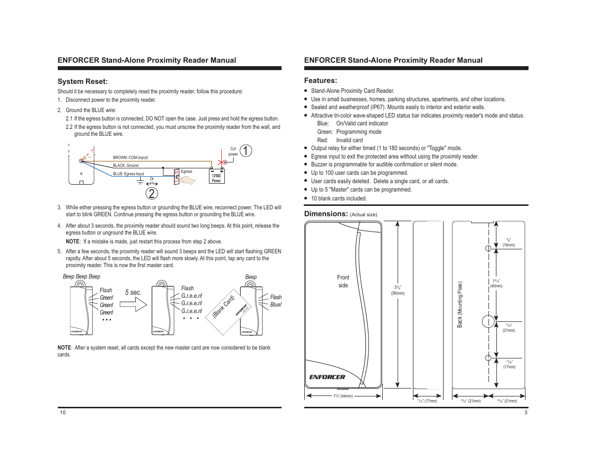 Enforcer stand-alone proximity reader manual, Dimensions, 5 sec | System reset | Controlled Products Systems Group PR-112S-A User Manual | Page 3 / 6