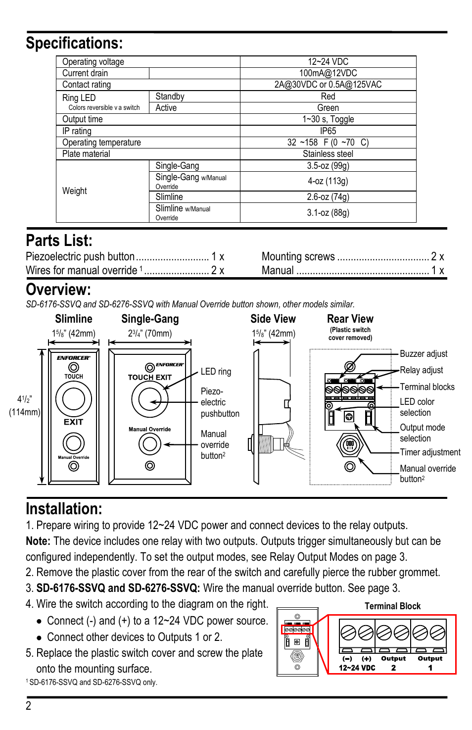 Specifications, Parts list, Overview | Installation, 2seco-larm u.s.a., inc, X manual x, Single-gang, Slimline, Side view, Rear view | Controlled Products Systems Group SD-6276-SS1Q User Manual | Page 2 / 4