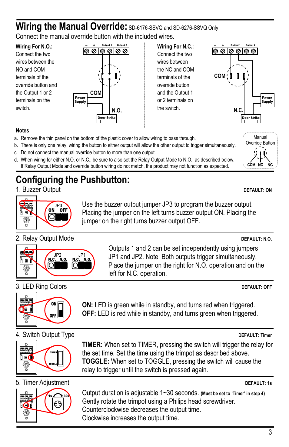 Wiring the manual override, Configuring the pushbutton, Seco-larm u.s.a., inc 3 | Buzzer output, Relay output mode, Led ring colors, Switch output type, Timer adjustment, Output duration is adjustable 1~30 seconds | Controlled Products Systems Group SD-6276-SS1Q User Manual | Page 3 / 4
