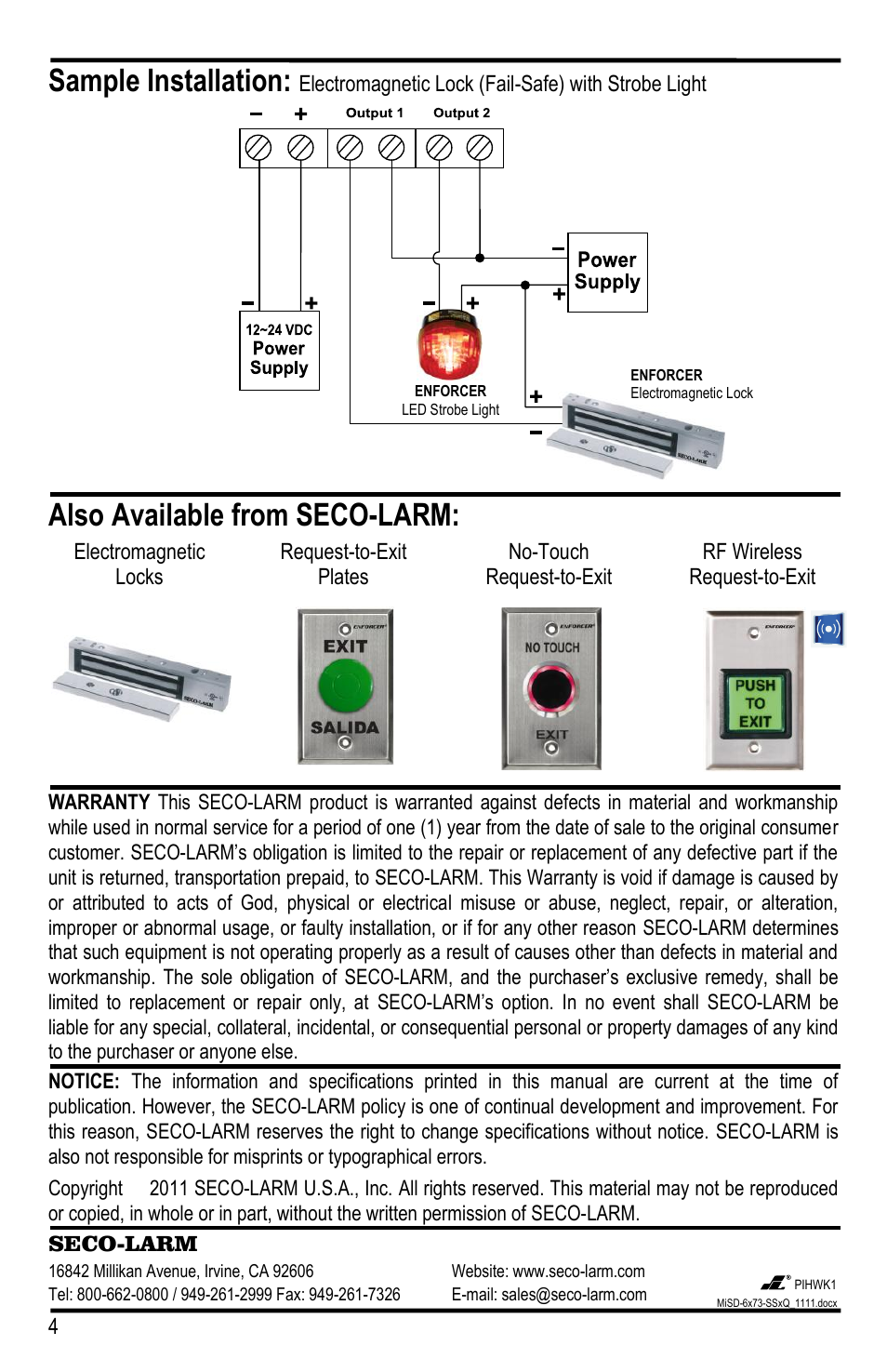 Sample installation, Also available from seco-larm, 4seco-larm u.s.a., inc | Electromagnetic lock (fail-safe) with strobe light, Electromagnetic locks, Request-to-exit plates, No-touch request-to-exit, Rf wireless request-to-exit, Seco-larm, U.s.a., inc | Controlled Products Systems Group SD-6276-SS1Q User Manual | Page 4 / 4