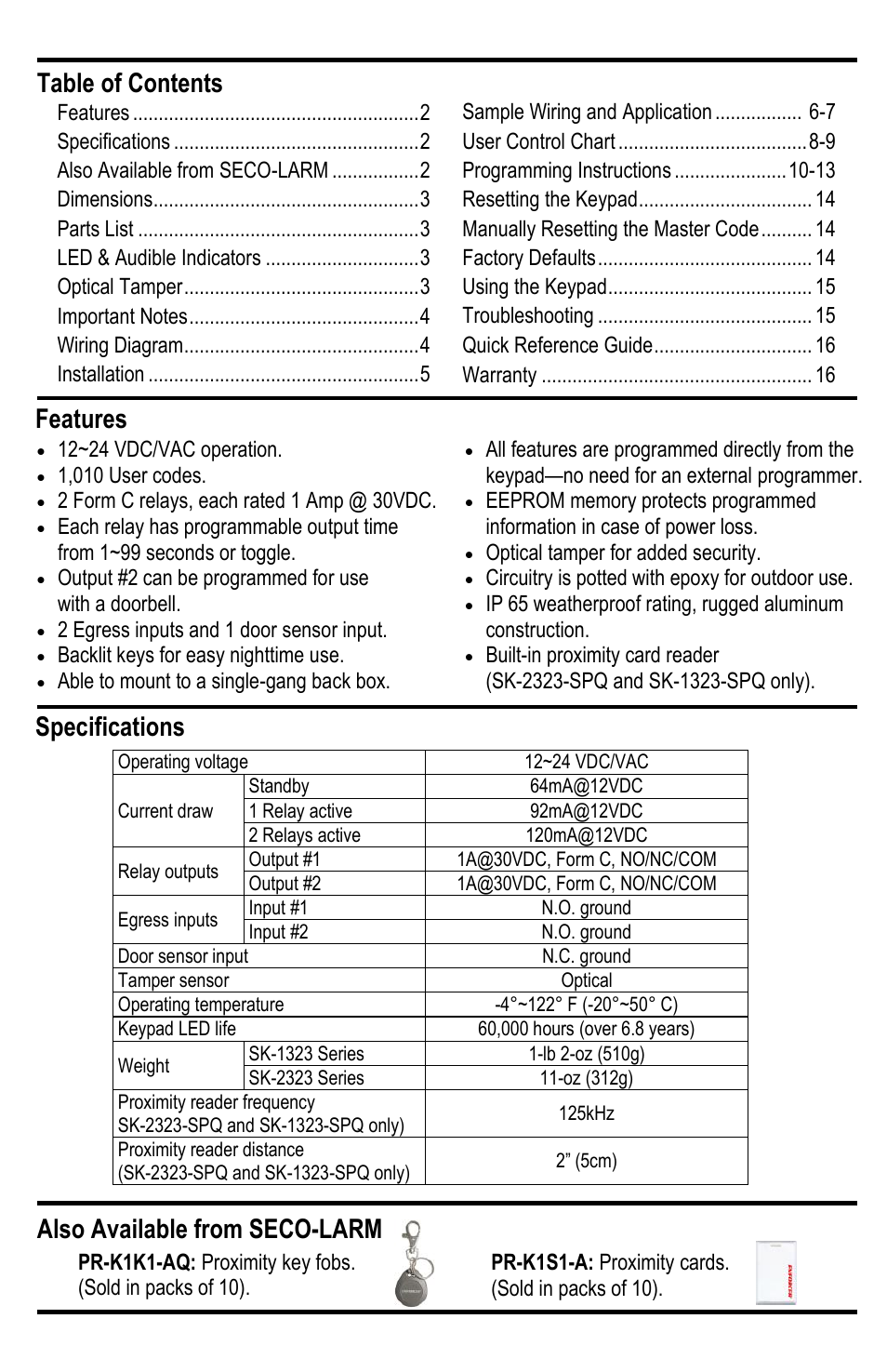 Features table of contents specifications, Also available from seco-larm | Controlled Products Systems Group SK-1323-SDQ User Manual | Page 2 / 15