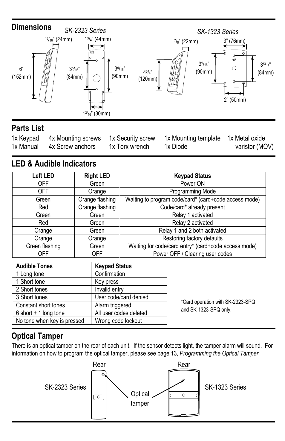 Led & audible indicators optical tamper, Parts list, Dimensions | Controlled Products Systems Group SK-1323-SDQ User Manual | Page 3 / 15