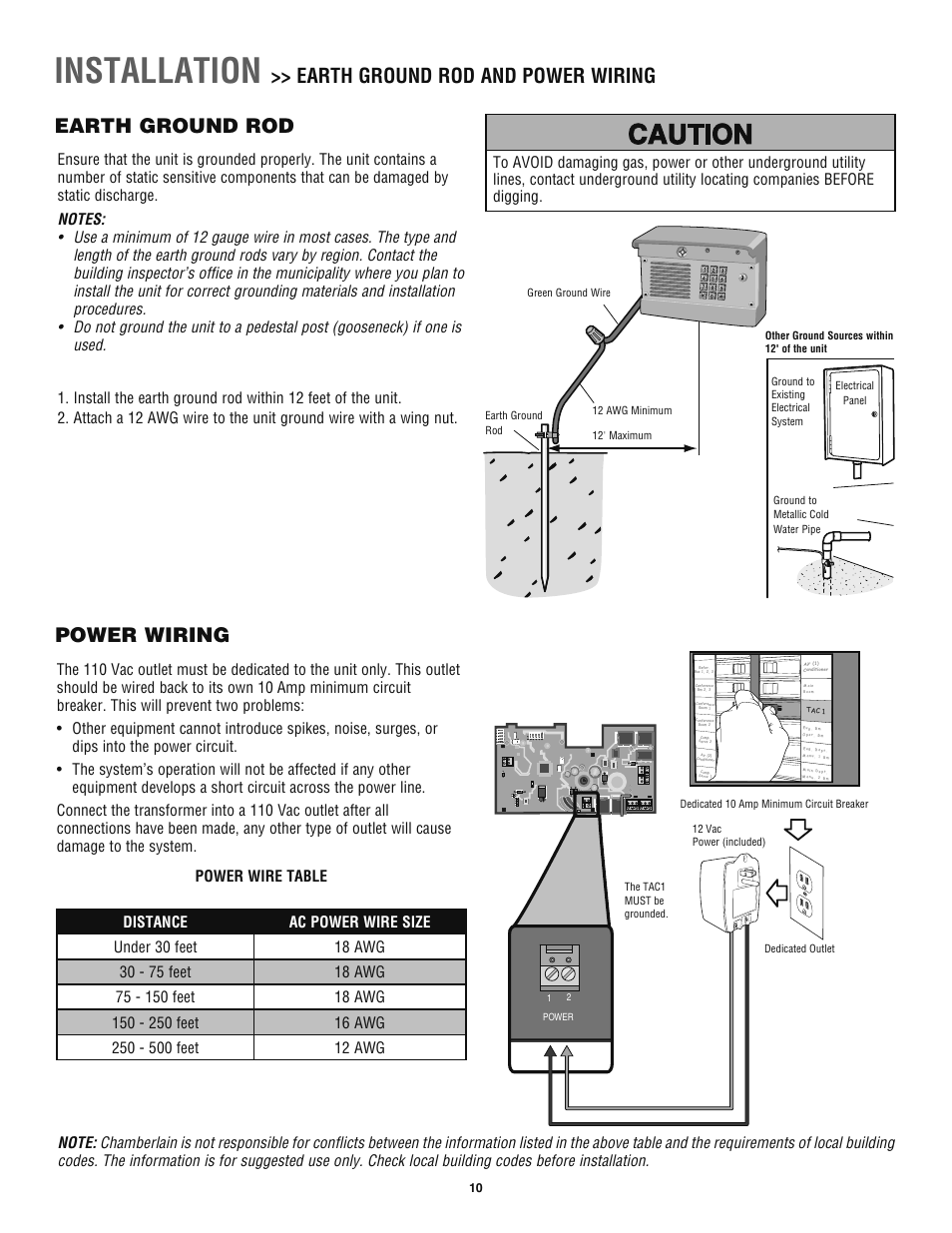 Earth ground rod, Power wiring, Installation | Earth ground rod and power wiring | Chamberlain TAC1 User Manual | Page 10 / 20