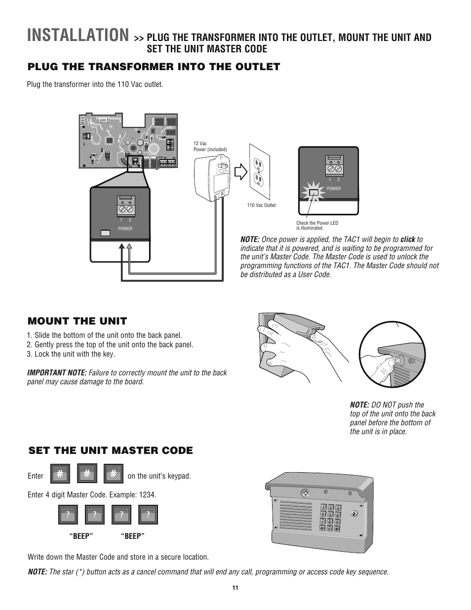 Plug the transformer into the outlet, Mount the unit, Set the unit master code | Installation | Chamberlain TAC1 User Manual | Page 11 / 20