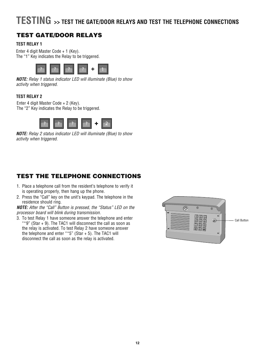 Testing, Test gate/door relays, Test the telephone connections | Chamberlain TAC1 User Manual | Page 12 / 20