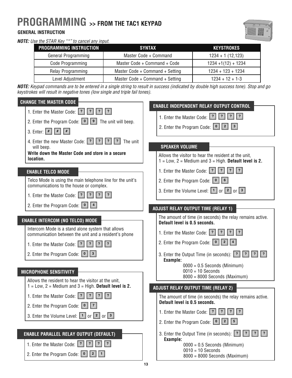 Programming | Chamberlain TAC1 User Manual | Page 13 / 20