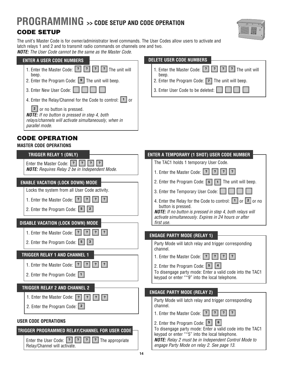 Code setup, Code operation, Master code operations | User code operations, Programming, Code setup and code operation, Code setup code operation | Chamberlain TAC1 User Manual | Page 14 / 20