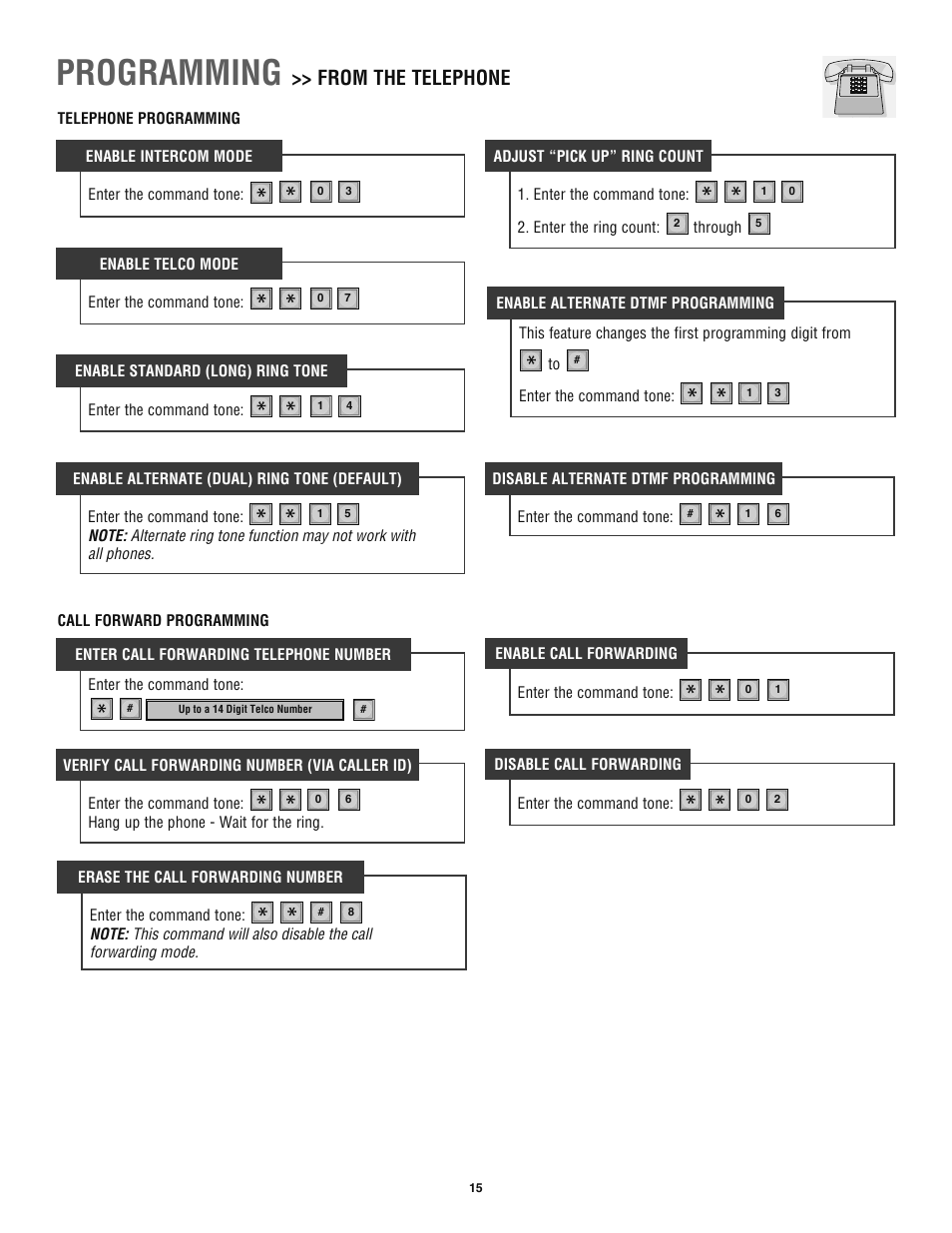 Telephone programming, Call forward programming, Programming | Chamberlain TAC1 User Manual | Page 15 / 20