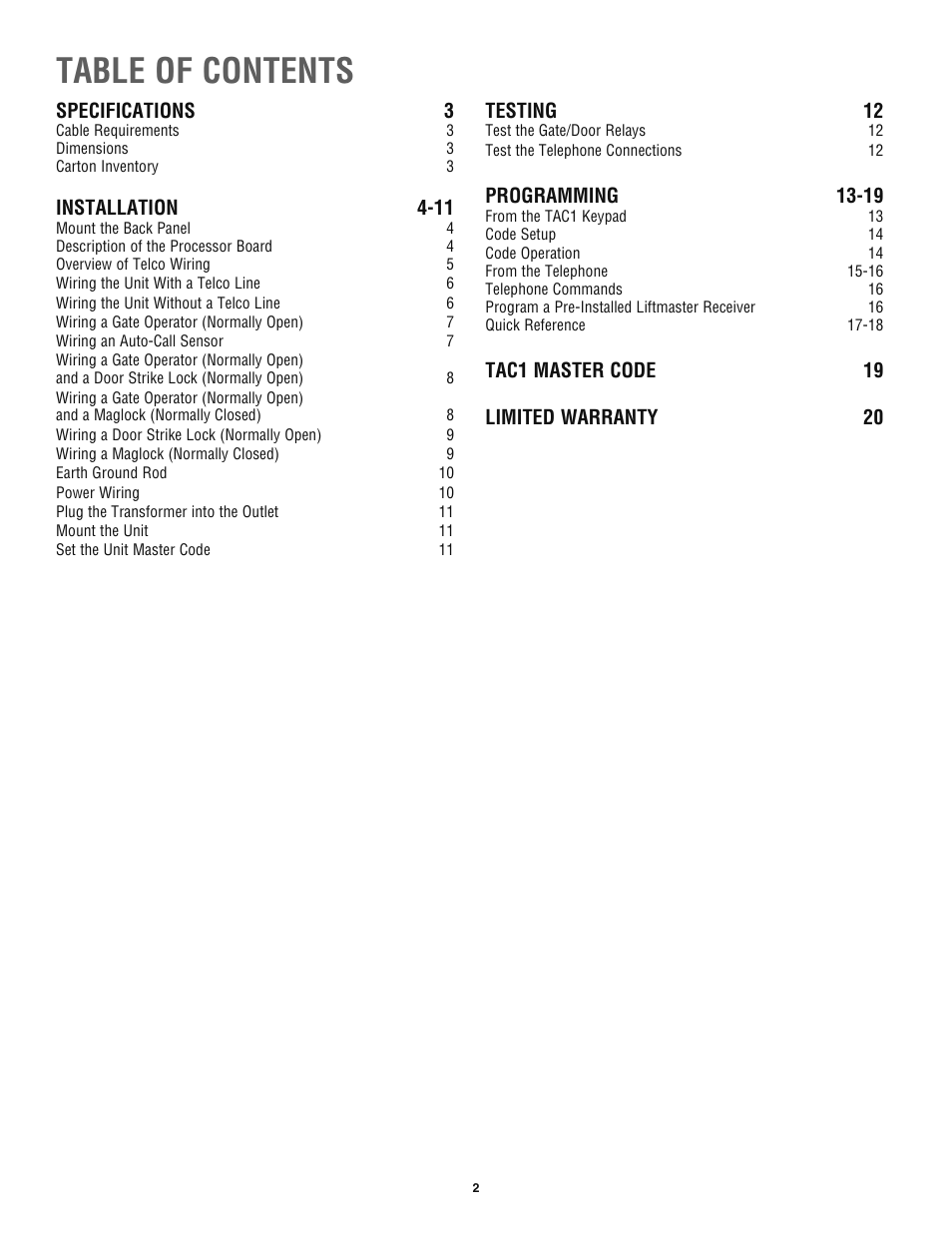 Chamberlain TAC1 User Manual | Page 2 / 20