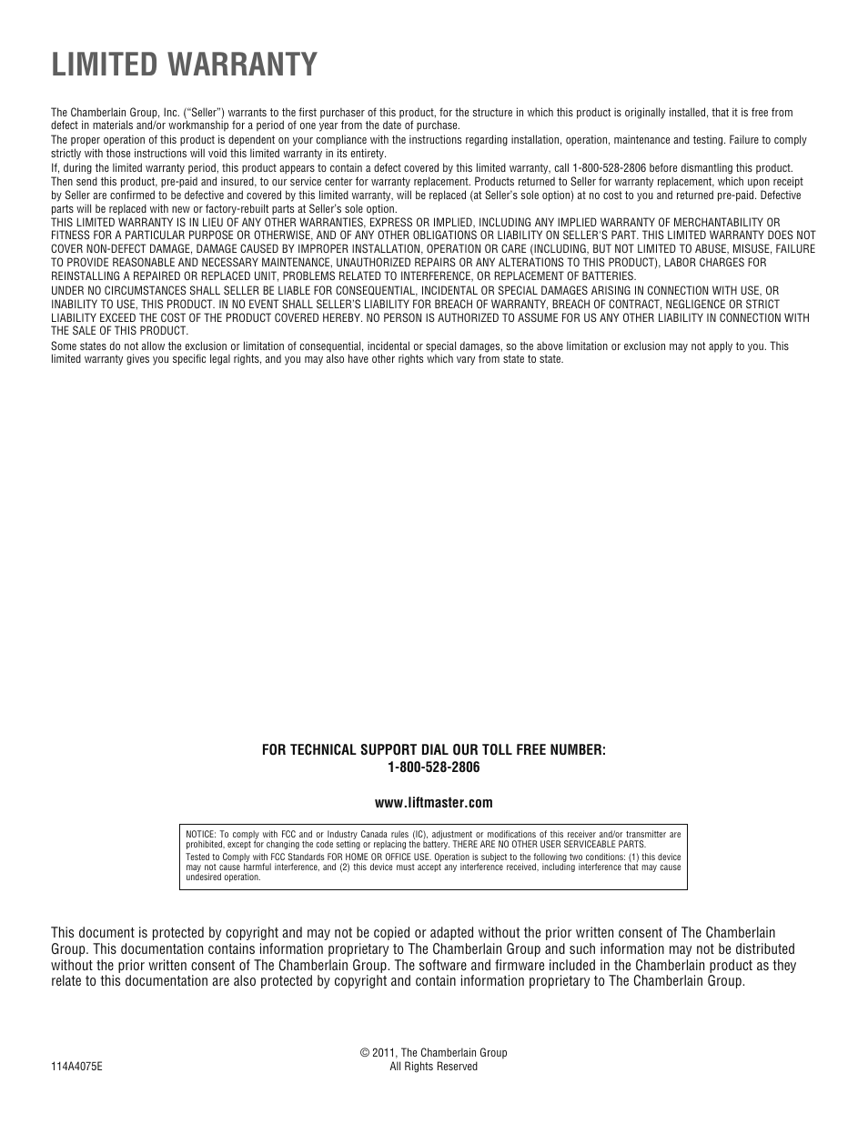 Limited warranty, For technical support | Chamberlain TAC1 User Manual | Page 20 / 20