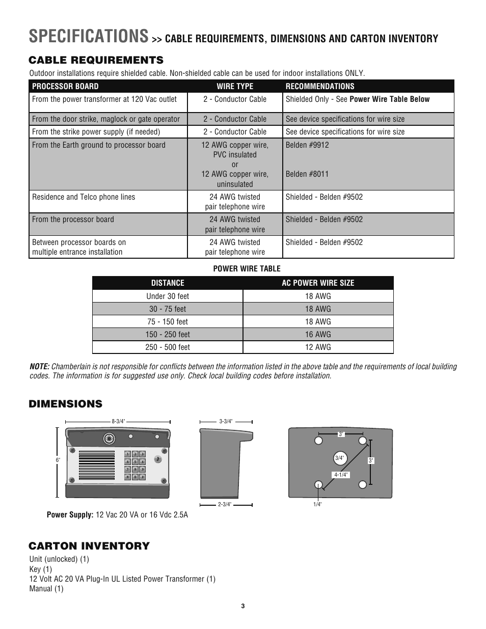 Specifications, Cable requirements, Dimensions | Carton inventory, Cable requirements dimensions carton inventory | Chamberlain TAC1 User Manual | Page 3 / 20