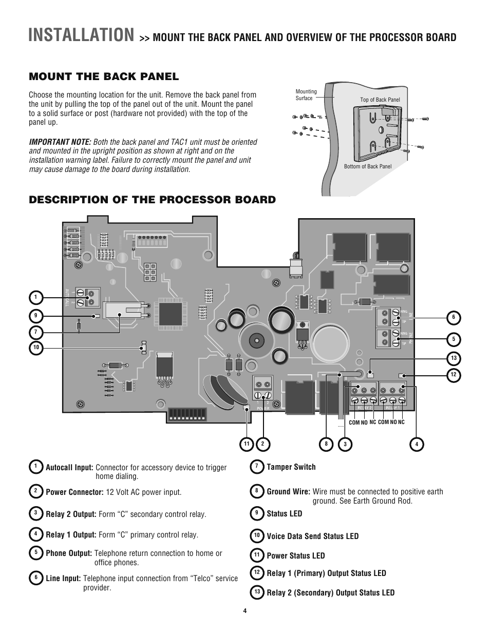 Installation, Mount the back panel, Description of the processor board | Chamberlain TAC1 User Manual | Page 4 / 20