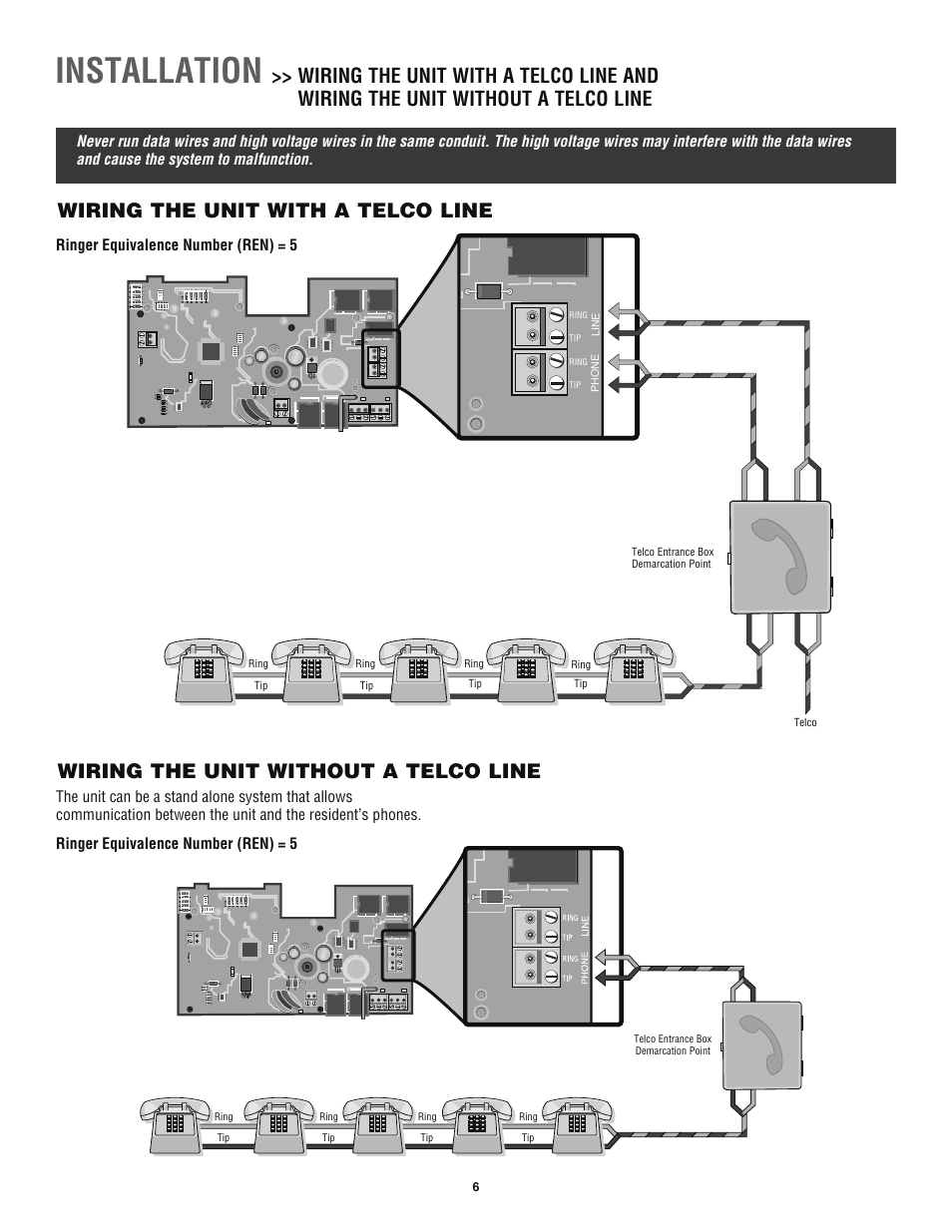 Wiring the unit with a telco line, Wiring the unit without a telco line, Installation | Chamberlain TAC1 User Manual | Page 6 / 20