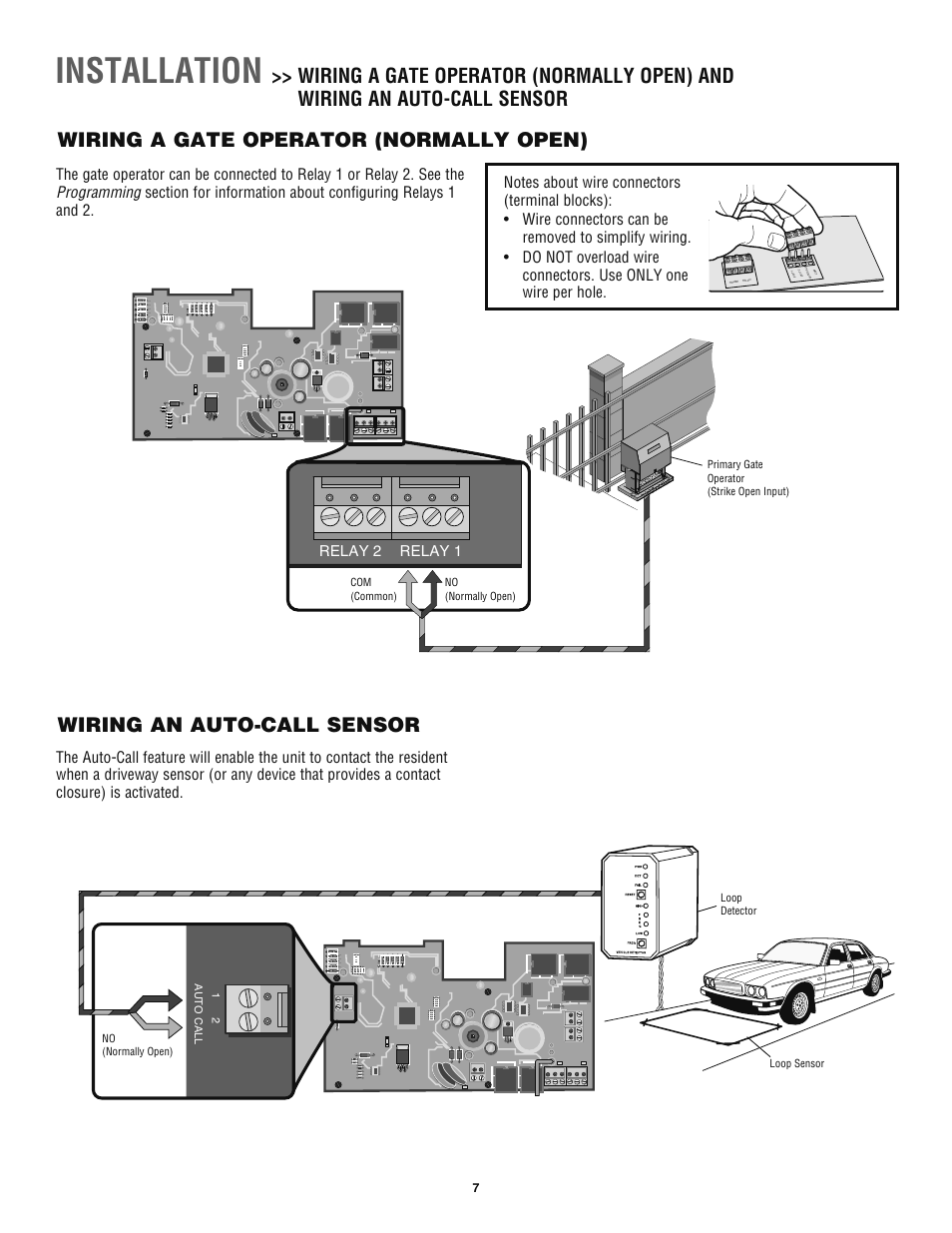 Wiring a gate operator (normally open), Wiring an auto-call sensor, Installation | Relay 1 relay 2 | Chamberlain TAC1 User Manual | Page 7 / 20