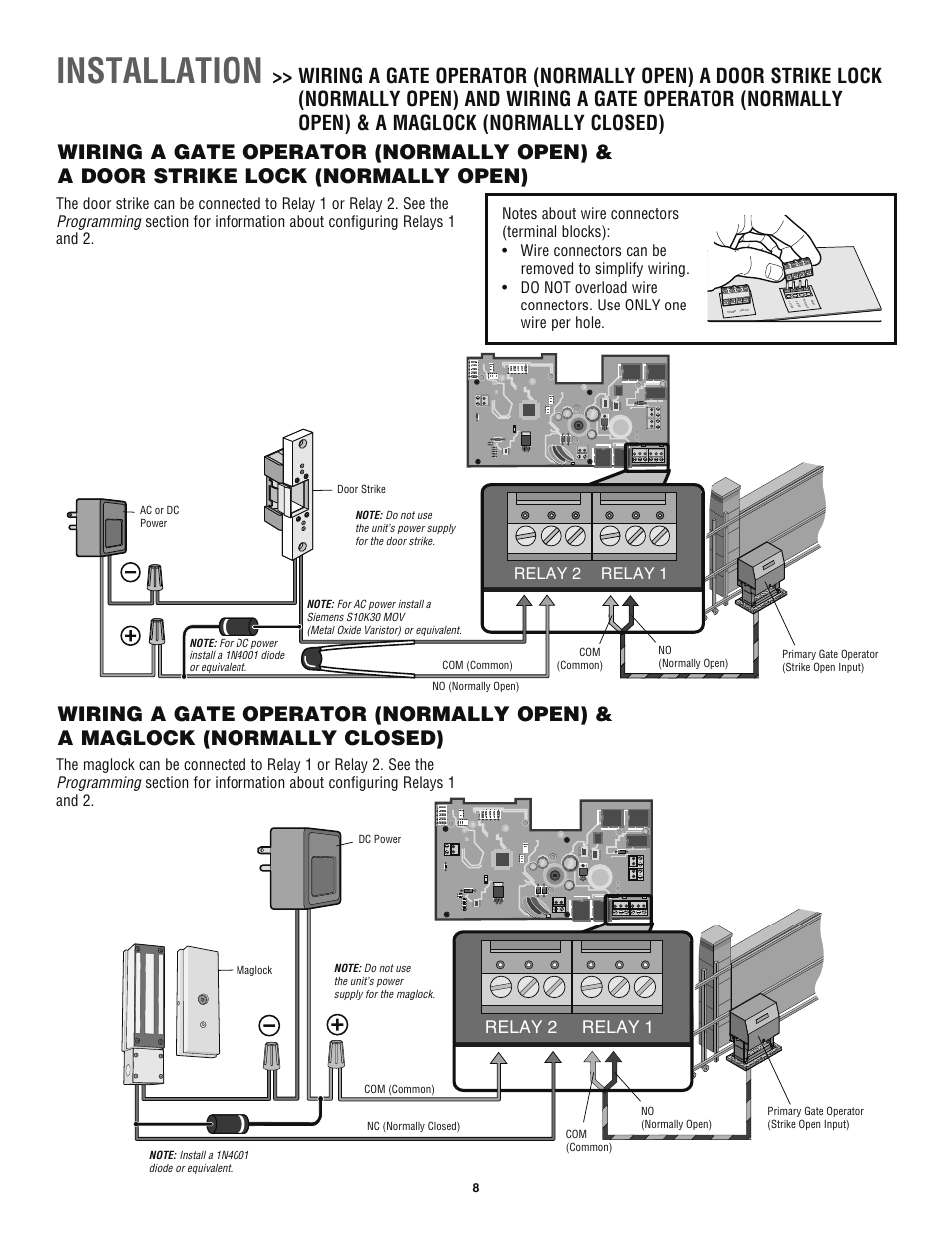 Installation, Relay 1 relay 2 | Chamberlain TAC1 User Manual | Page 8 / 20