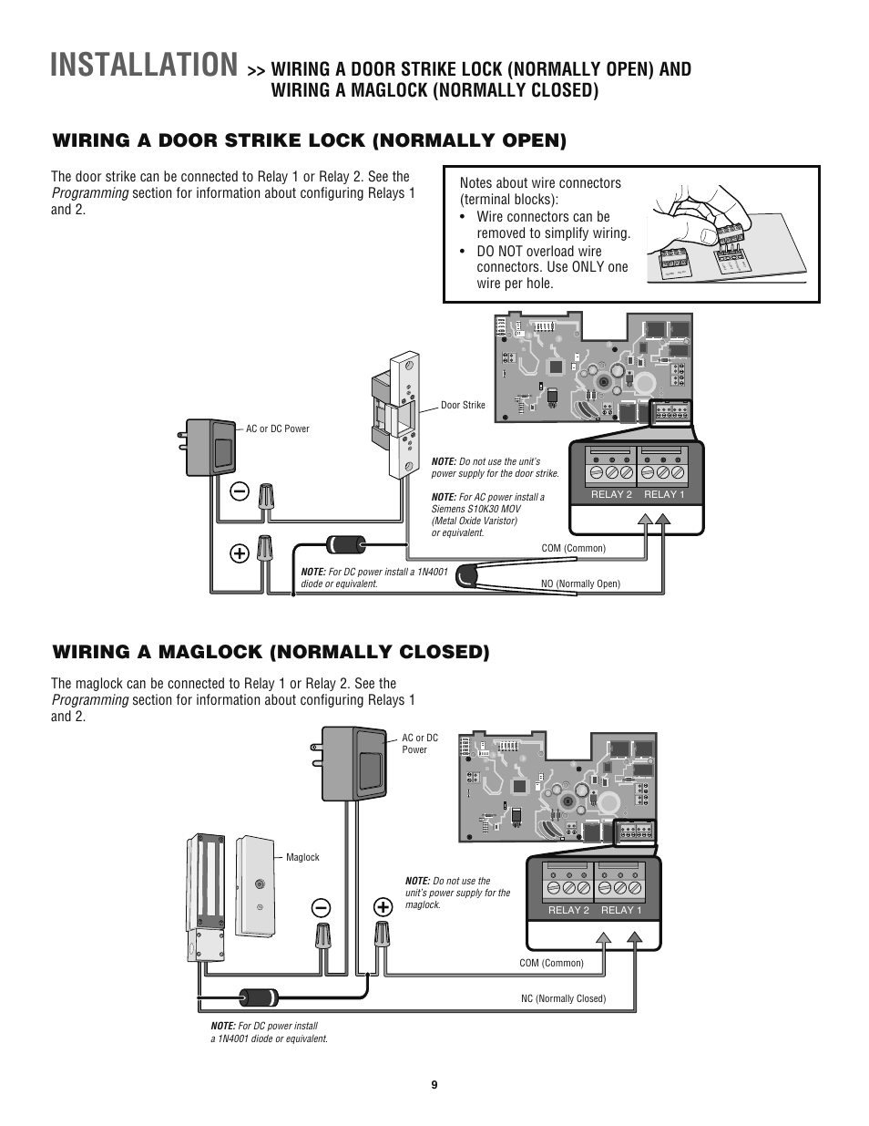 Wiring a door strike lock (normally open), Wiring a maglock (normally closed), Installation | Chamberlain TAC1 User Manual | Page 9 / 20