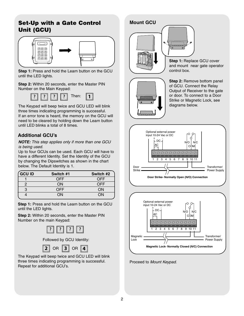 Set-up with a gate control unit (gcu), Additional gcu’s, Mount gcu | Proceed to mount keypad | Controlled Products Systems Group WKP5LM3 User Manual | Page 2 / 6