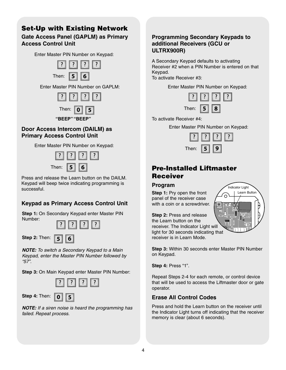 Set-up with existing network, Pre-installed liftmaster receiver | Controlled Products Systems Group WKP5LM3 User Manual | Page 4 / 6