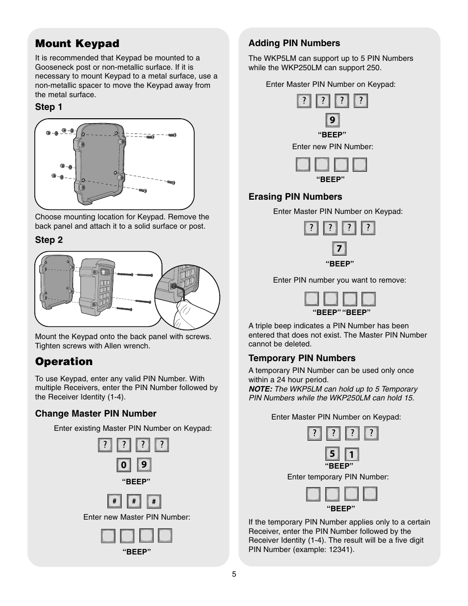 Operation, Mount keypad | Controlled Products Systems Group WKP5LM3 User Manual | Page 5 / 6