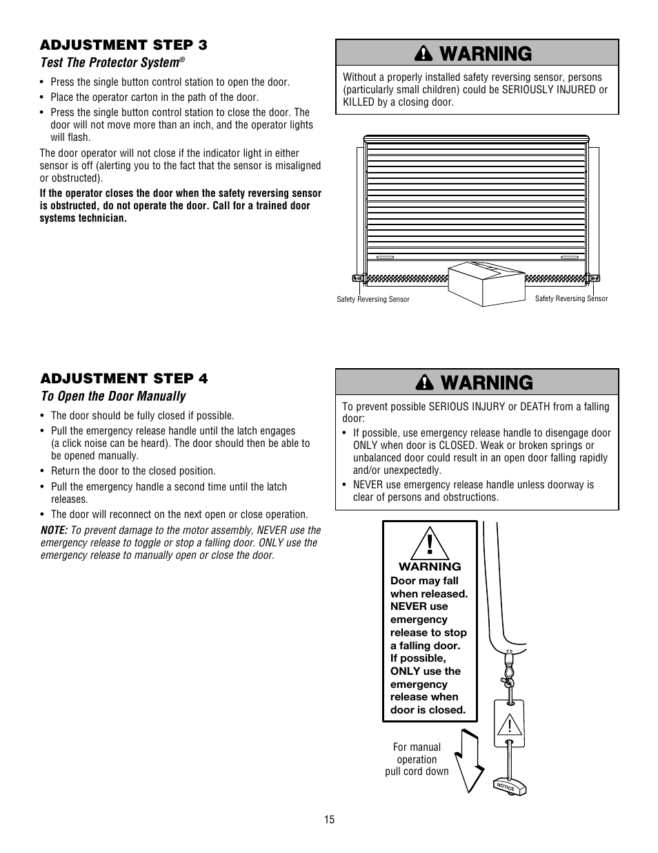 Test the protector system, To open the door manually, Adjustment step 3 | Adjustment step 4 | Controlled Products Systems Group 3950 User Manual | Page 15 / 24