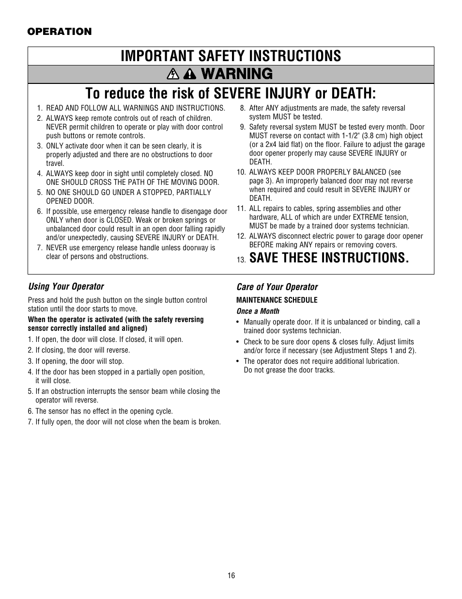Operation, Using your operator, Care of your operator | Save these instructions | Controlled Products Systems Group 3950 User Manual | Page 16 / 24