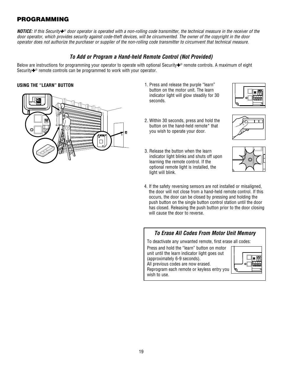 Programming, To erase all codes from motor unit memory | Controlled Products Systems Group 3950 User Manual | Page 19 / 24
