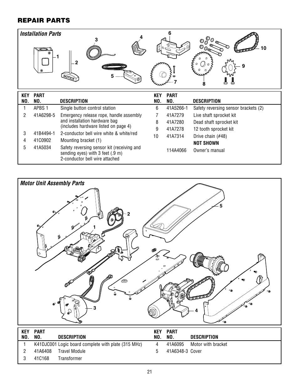 Repair parts, Installation parts | Controlled Products Systems Group 3950 User Manual | Page 21 / 24