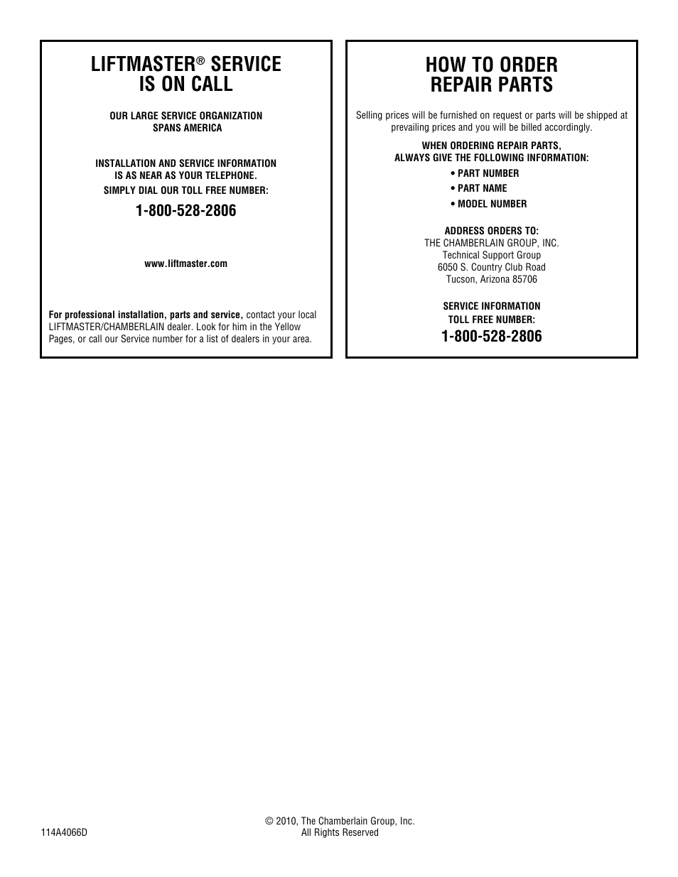 Liftmaster® service call, How to order repair parts, Liftmaster | Service is on call | Controlled Products Systems Group 3950 User Manual | Page 24 / 24