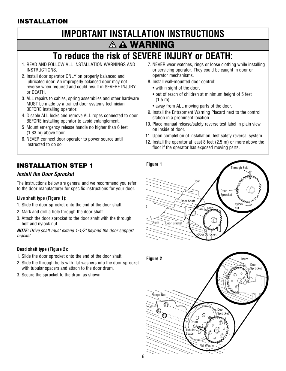 Installation, Install the door sprocket, Installation step 1 | Controlled Products Systems Group 3950 User Manual | Page 6 / 24