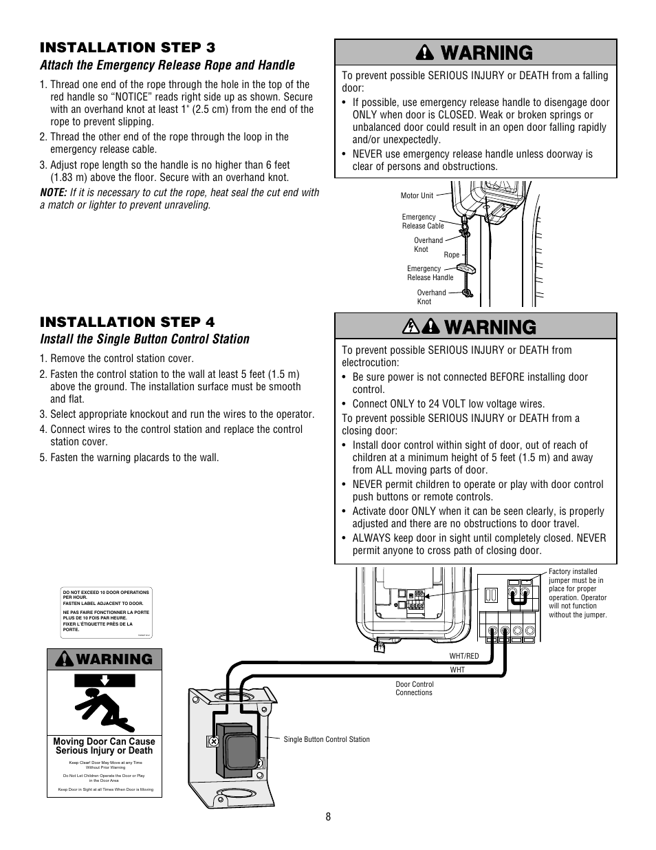 Attach the emergency release rope and handle, Install the single button control station, Installation step 4 | Installation step 3, Warning | Controlled Products Systems Group 3950 User Manual | Page 8 / 24