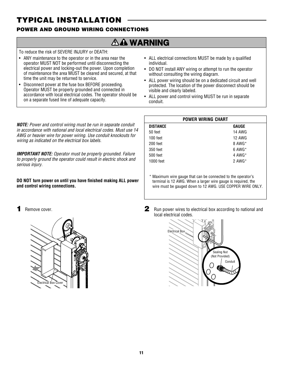Power and ground wiring connections, Typical installation | Controlled Products Systems Group CDO MD L/H Hoist 1/2hp 115v User Manual | Page 11 / 28