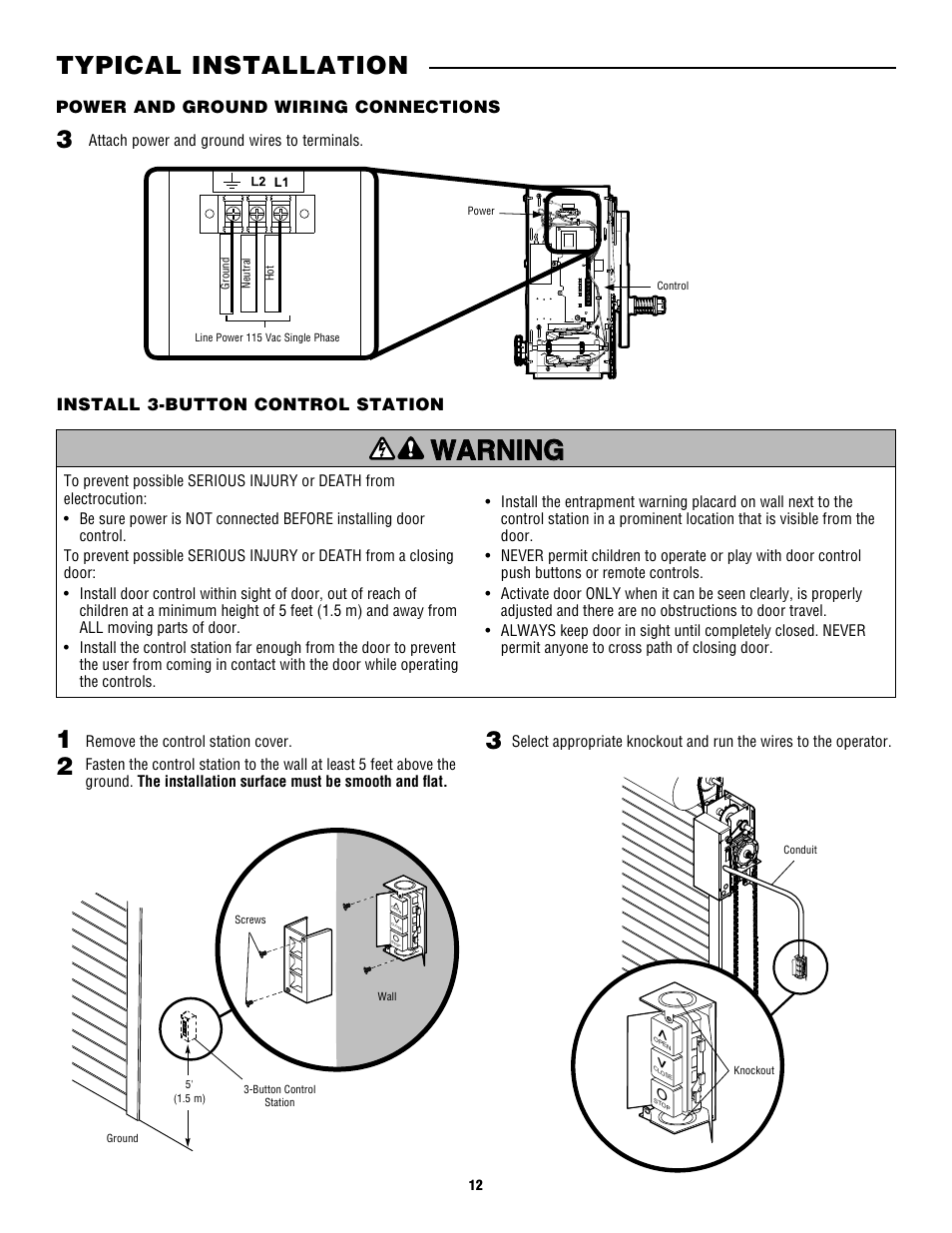 Install 3-button control station, Typical installation | Controlled Products Systems Group CDO MD L/H Hoist 1/2hp 115v User Manual | Page 12 / 28