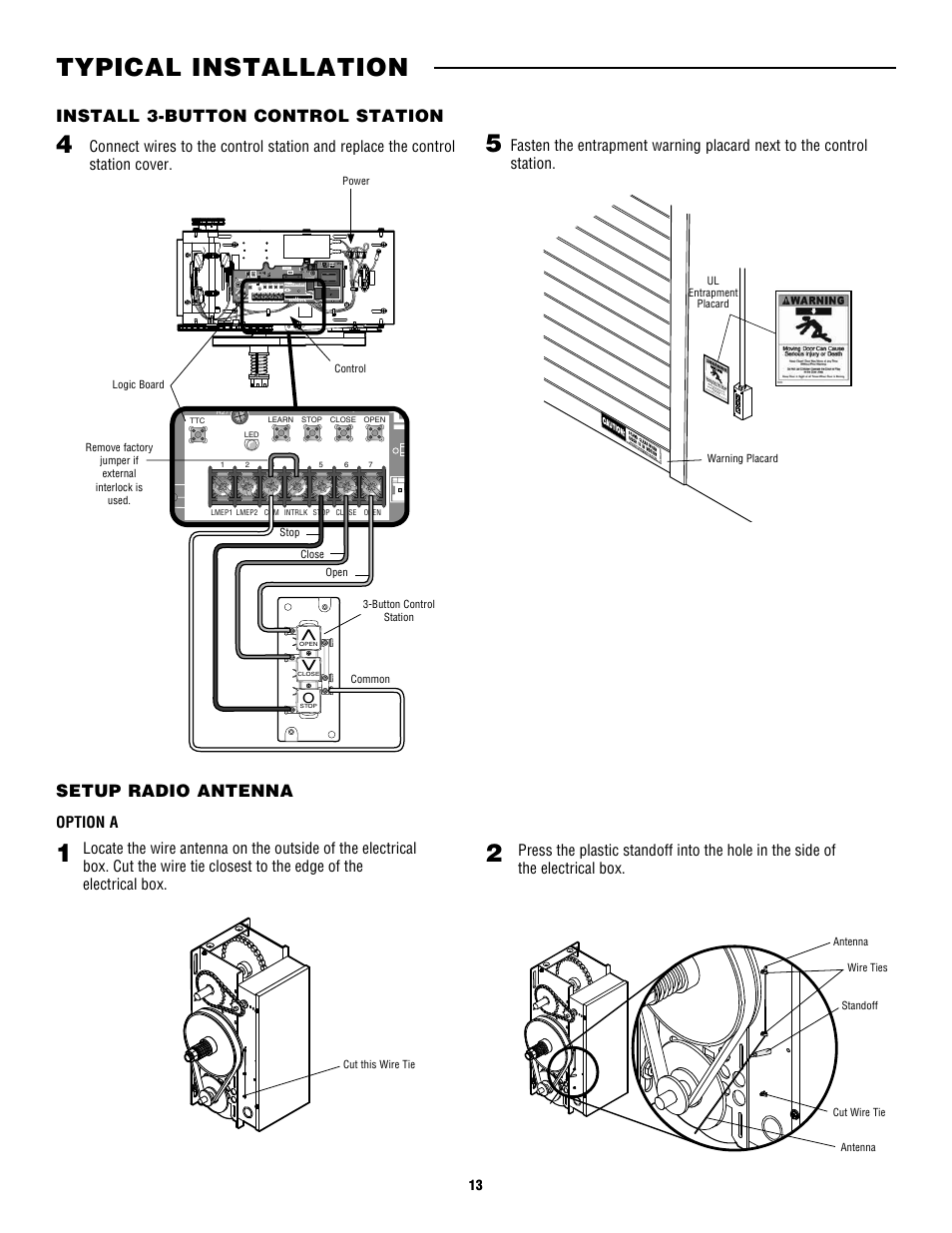 Setup radio antenna, 2typical installation, Install 3-button control station | Controlled Products Systems Group CDO MD L/H Hoist 1/2hp 115v User Manual | Page 13 / 28