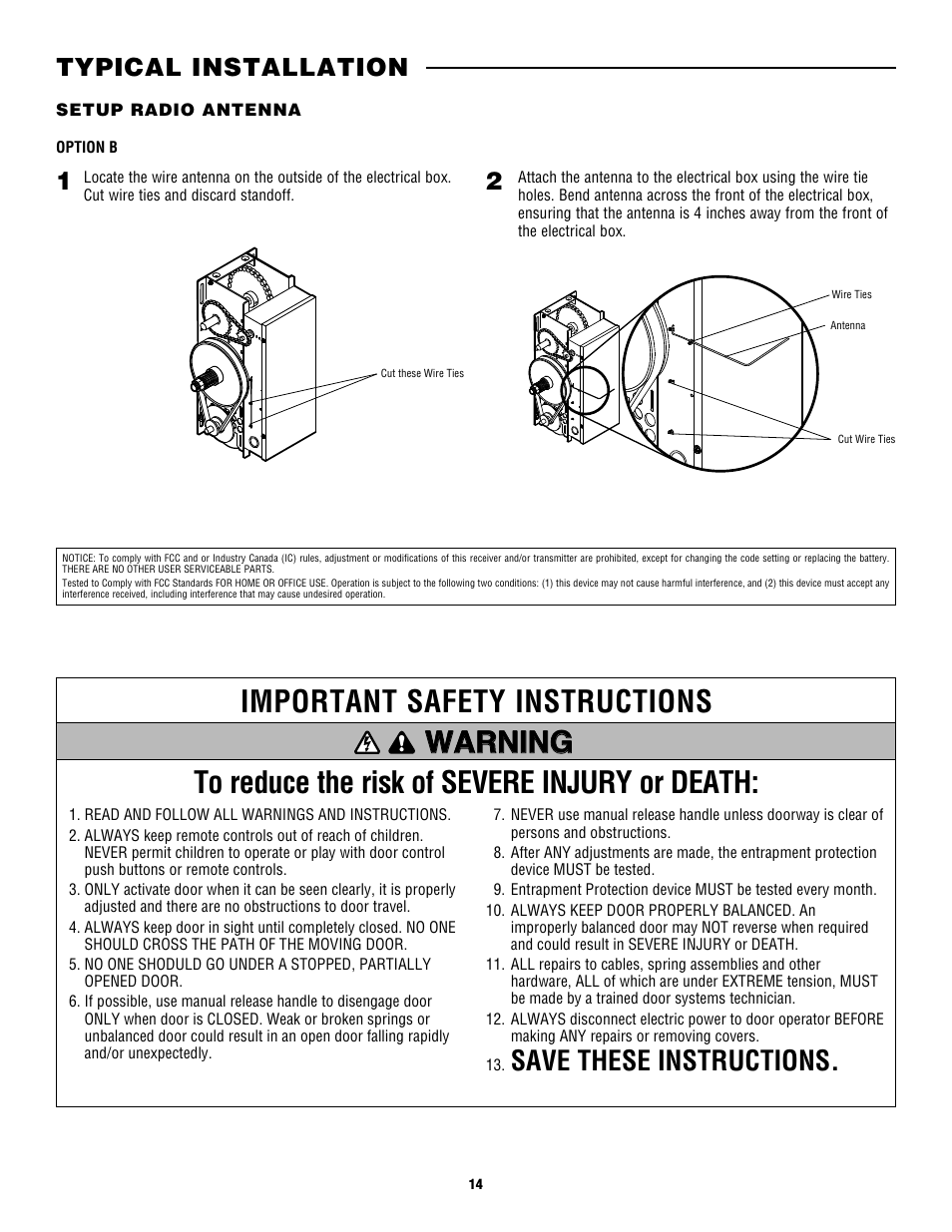 Warning, Save these instructions, 1typical installation 2 | Controlled Products Systems Group CDO MD L/H Hoist 1/2hp 115v User Manual | Page 14 / 28