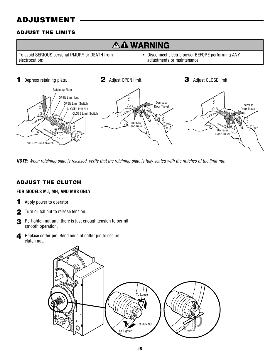 Adjustment, Adjust the limits, Adjust the clutch | Adjustment 1 2 3 | Controlled Products Systems Group CDO MD L/H Hoist 1/2hp 115v User Manual | Page 15 / 28