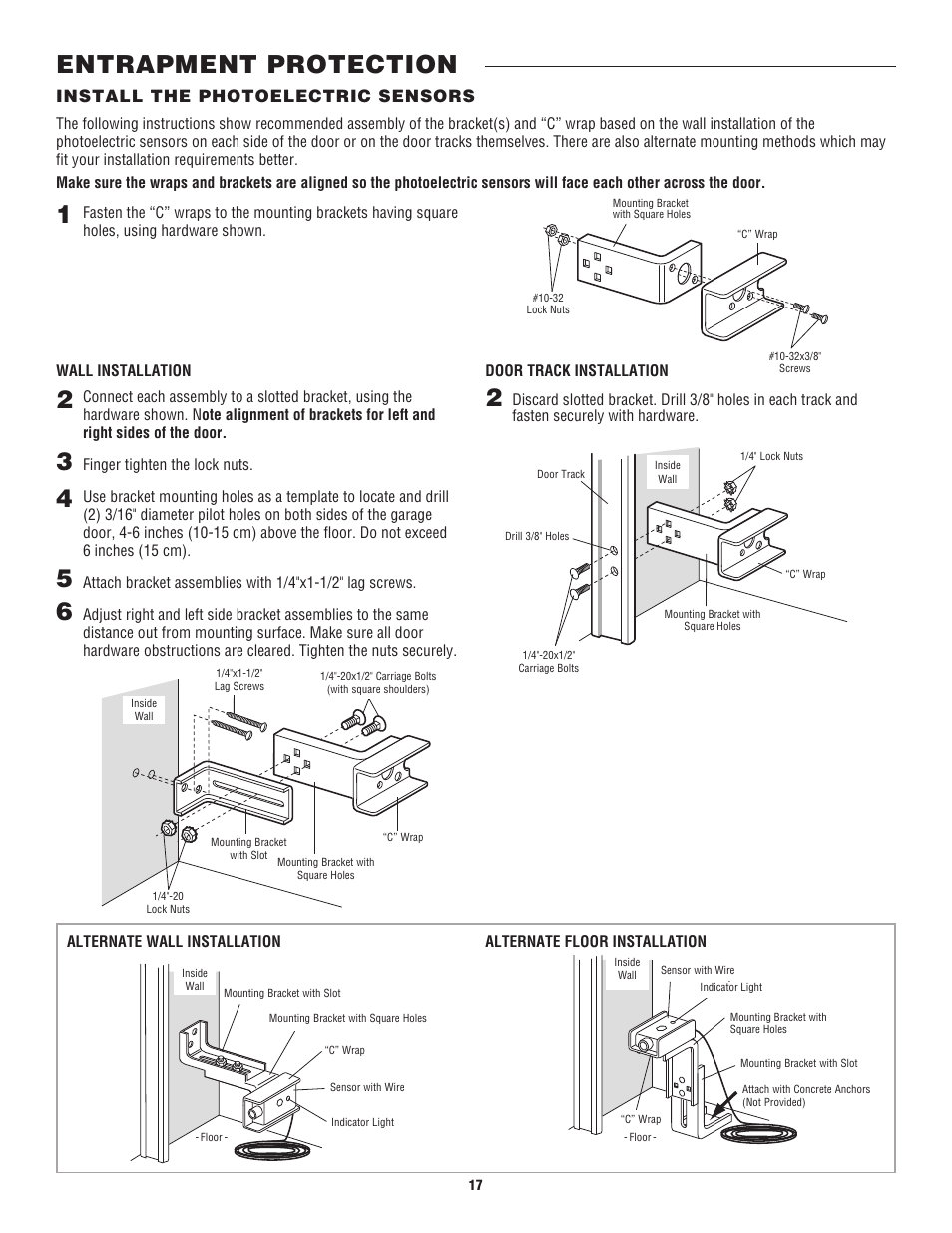 Install the photoelectric sensors, Entrapment protection | Controlled Products Systems Group CDO MD L/H Hoist 1/2hp 115v User Manual | Page 17 / 28