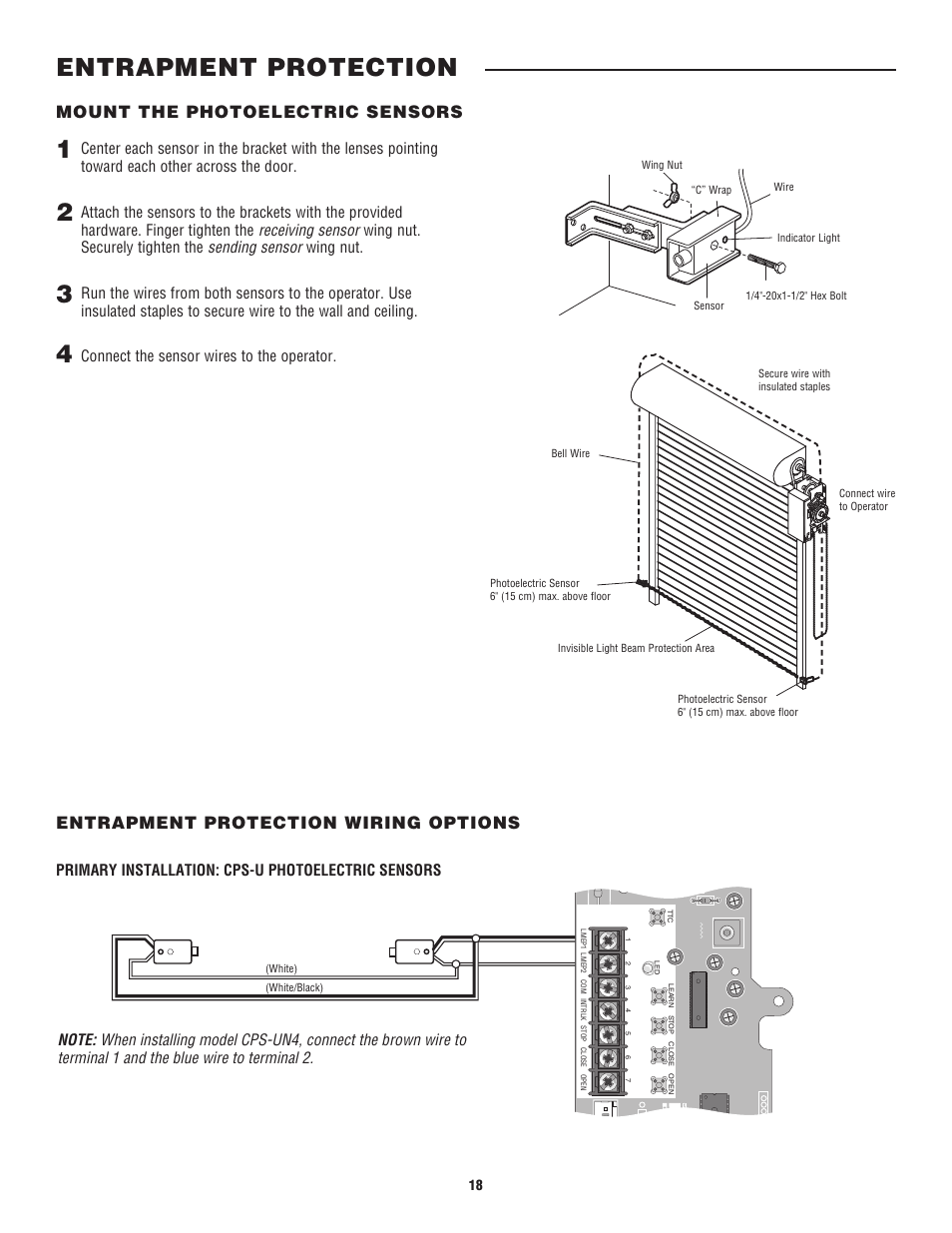 Mount the photoelectric sensors, Entrapment protection wiring options, Entrapment protection | Primary installation: cps-u photoelectric sensors | Controlled Products Systems Group CDO MD L/H Hoist 1/2hp 115v User Manual | Page 18 / 28