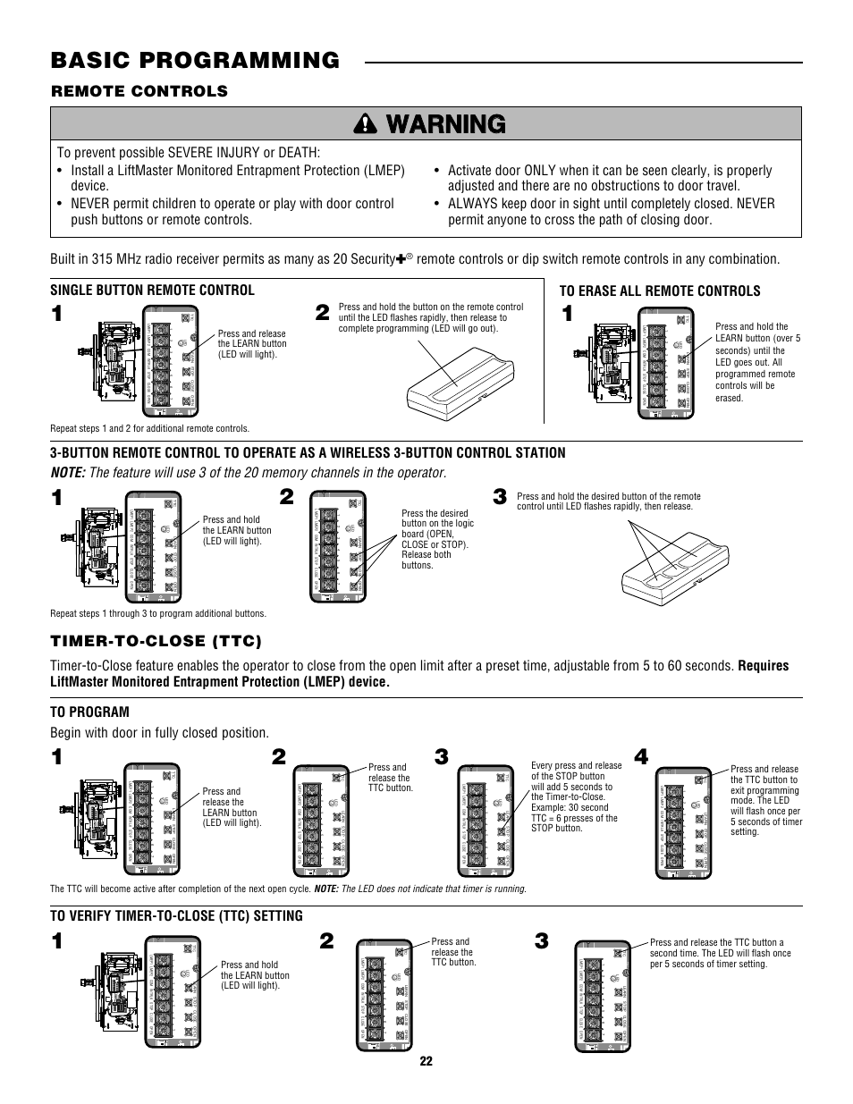 Timer-to-close (ttc), Basic programming 1, Remote controls | Controlled Products Systems Group CDO MD L/H Hoist 1/2hp 115v User Manual | Page 22 / 28