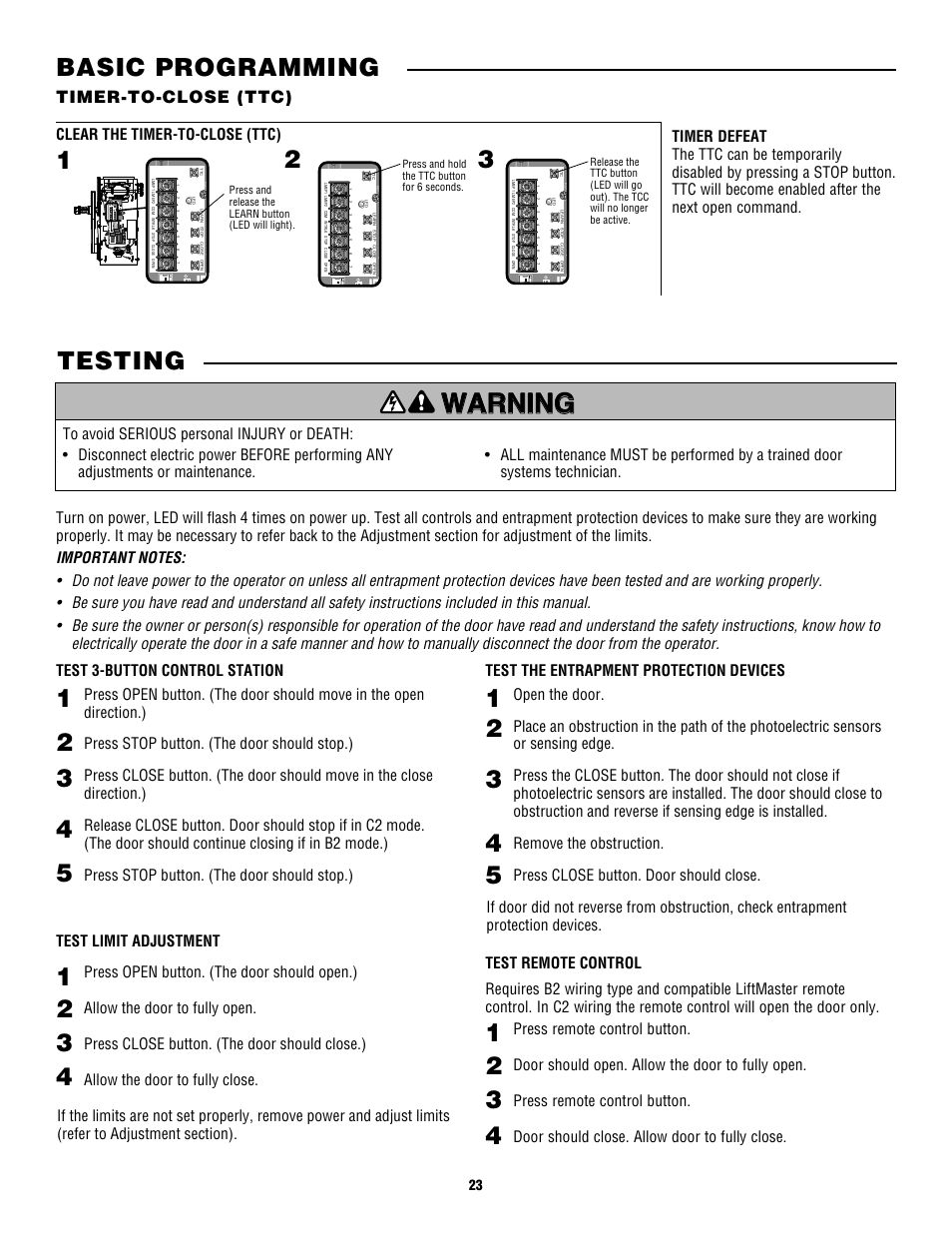 Testing, Basic programming, Timer-to-close (ttc) | Controlled Products Systems Group CDO MD L/H Hoist 1/2hp 115v User Manual | Page 23 / 28