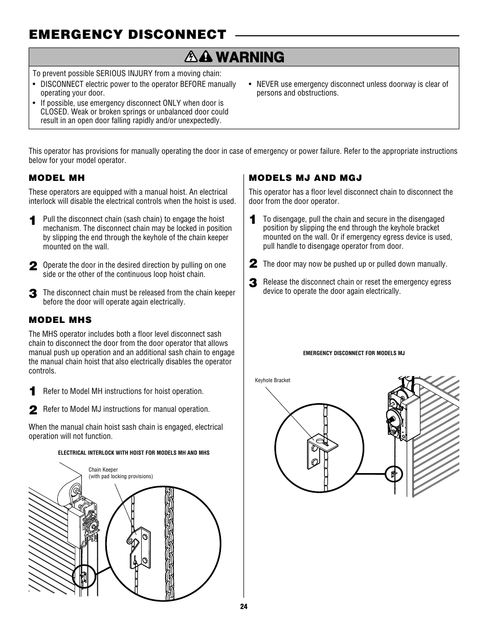 Emergency disconnect, Model mh, Model mhs | Models mj and mgj | Controlled Products Systems Group CDO MD L/H Hoist 1/2hp 115v User Manual | Page 24 / 28