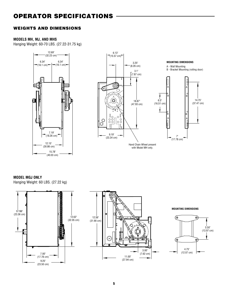 Operator specifications, Weights and dimensions | Controlled Products Systems Group CDO MD L/H Hoist 1/2hp 115v User Manual | Page 5 / 28