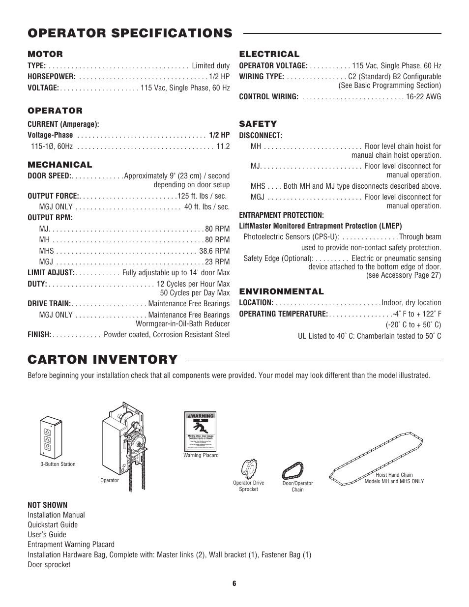 Carton inventory, Operator specifications, Motor | Operator, Electrical, Safety, Mechanical, Environmental | Controlled Products Systems Group CDO MD L/H Hoist 1/2hp 115v User Manual | Page 6 / 28